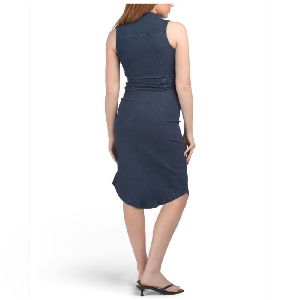 Bebe Sleeveless Blue Button Distressed Pockets Denim Midi Dress Boho Western - Picture 2 of 15
